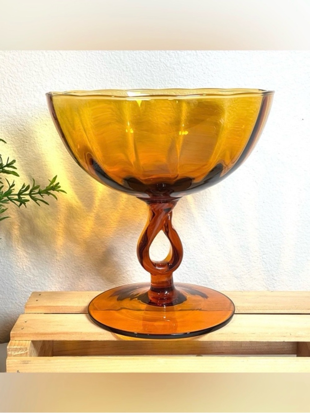 Empoli Murano Vtg Amber Glass Compote Dish | Keyhole Pedestal Stem | Italy | EUC